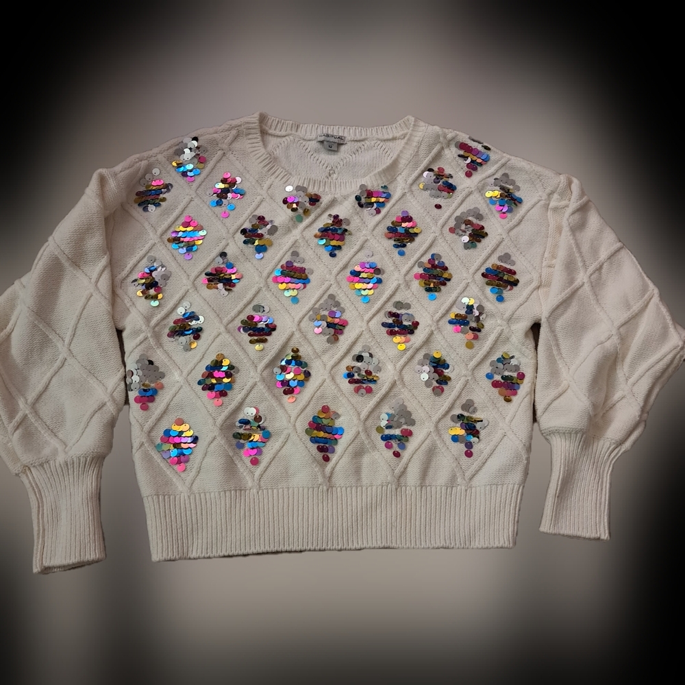 Habitual Sequin Embellished Cream Cable Knit Kid's Sweater Girl's Size 12
